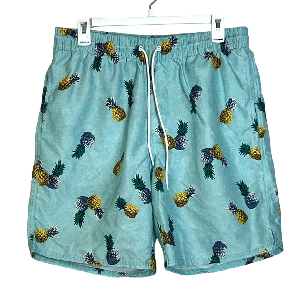 Old Navy Men's Swim Trunks Medium Blue Green Pineapple Print Elastic Waist
